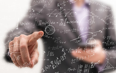 An image of a series of mathematical expressions and a hand pointing a finger at a formula. The...