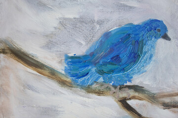 Metaphoric painting. Blue bird on bare branch. Winter metaphoric illustration with space for text.