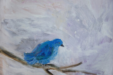  Blue bird on bare branch. Winter oil painting with space for text. Solitude concept.
