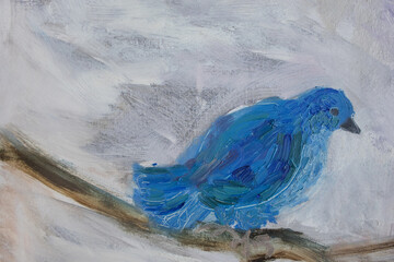 Figurative artwork. Blue bird on bare branch. Winter allegorical illustration with space for text.