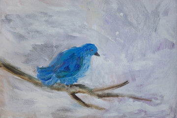Blue bird on bare branch. Winter freezing morning. Fine art illustration with space for text. Reflections concept.