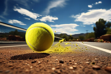  A close-up view of a tennis ball hitting the baseline, showing the dust particles rising upon impact