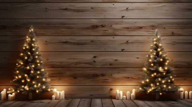Weihnachtstraum: Holzrahmen um leuchtende Präsentationsfläche mit Tannen