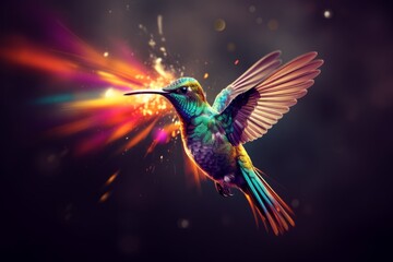 Vibrant Hummingbird in Flight with Colorful Air Background, Copy Space