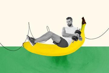 Photo cartoon comics sketch collage picture of strong confident guy doing abs exercises big banana isolated creative background - obrazy, fototapety, plakaty