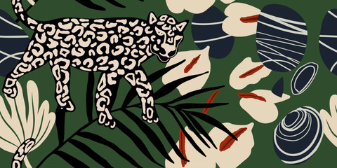 Hand drawn abstract jungle pattern with leopards. Creative collage contemporary seamless pattern. Fashionable template for design.
