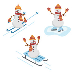 Activity in winter. Set of vector illustrations of snowmen. Collection of cute snowman cartoon characters.
