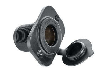 cigarette lighter socket isolated on white. Marine black round waterproof cigarette lighter socket isolated on white
