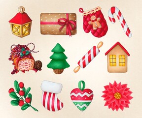 set of christmas icons, watercolor Christmas clip art, winter set, Christmas stickers 