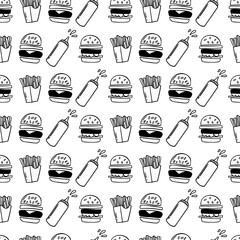 Seamless pattern with sketched burger, cheeseburger or hamburger. Background template for fast food.