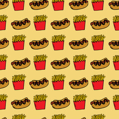 Seamless pattern with sketched burger, cheeseburger or hamburger. Background template for fast food.