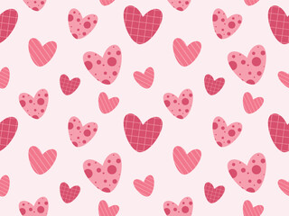 Seamless pattern with different hearts on a white background. Vector background in 1970s-1980s retro