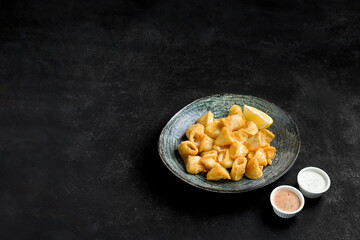 Crispy Fried Calamari with Lemon on Black Background with Copy Space