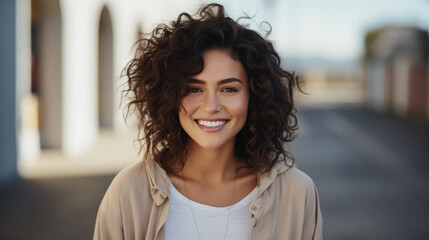 Portrait of smiling young woman with curly hair looking at camera in city.