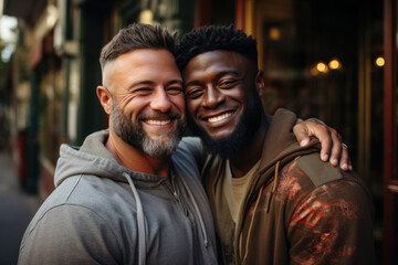 Young handsome multinational gay male couple hugging urban background