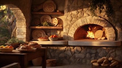A country kitchen with a wood-fired oven and freshly baked bread on a table.
