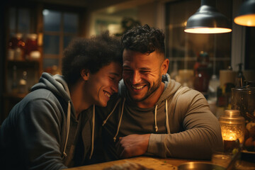 Young handsome multinational gay male couple hugging at home