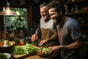 Fototapeta premium Two happy gay men spend free time together preparing healthy salad in kitchen