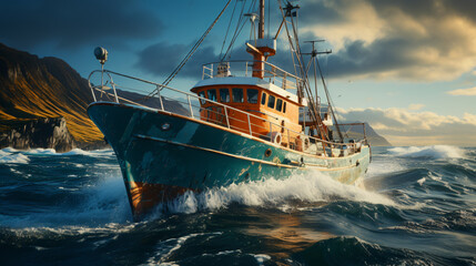 a small fishing boat sails along the coast in heavy seas and catches fish - obrazy, fototapety, plakaty