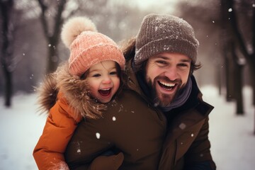 Obraz premium Close up of dad holding baby in snowsuit in winter with snow. Family holidays and walks in winter, father's day