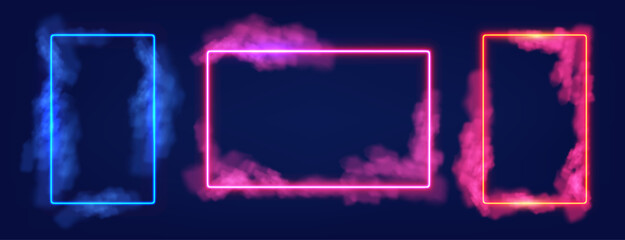Rectangular neon light frame in cloud of smoke on black background. Electric light frame. Futuristic social media template design elements. Vector retro decorations for game. © ZinetroN