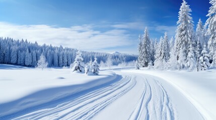 Fototapeta na wymiar Winter snowy landscape with cross country skiing trails. Generative AI