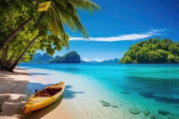 Beautiful paradise beach and sea with kayak boat. Holiday vacation concept