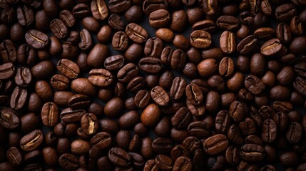 Obraz premium Coffee beans on dark background, top view