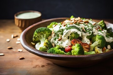Fresh broccoli and cauliflower salad with Tahini dressing in bowl. Generative AI