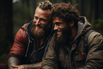 Obraz premium Portrait of handsome multinational gay male couple hugging at nature background