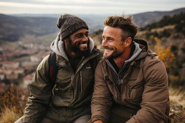 Portrait of handsome multinational gay male couple hugging at nature background