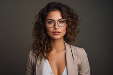 Portrait of a beautiful young woman with curly hair wearing glasses.