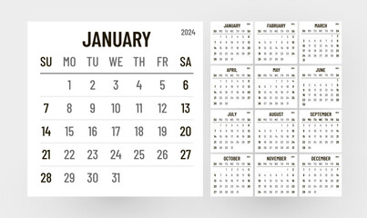 Classic monthly calendar for 2024. Minimalistic style calendar.
