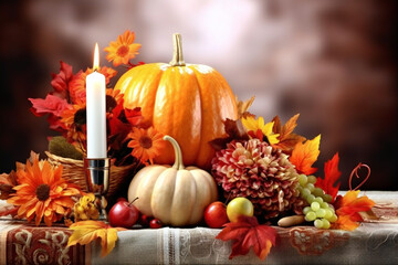 Elegant beautiful dinner table setting with pumpkins and candles for thanksgiving celebration
