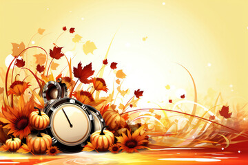 clock alarm in autumn nature forest. concept make time for nature, environment. Daylight savings time. Symbolic still life representing autumn season. beautiful fall season scene. soft focus 
