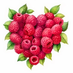 Raspberries in the shape of a heart with leaf isolated on a white background. Watercolour illustration.