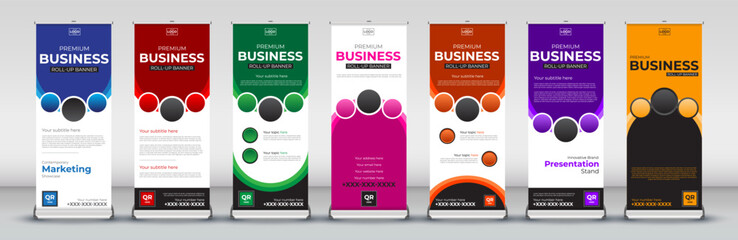 Modern roll up Banner Design set for signboard Advertising Template standee X banner for Street Business in red, green, blue, yellow, orange, purple, orange   