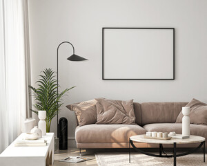 Frame mockup, ISO A paper size. Living room wall poster mockup. Interior mockup with house background. Modern interior design. 3D render