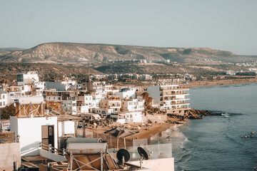 Beautiful sunset at taghazout beach in Agadir, Morocco