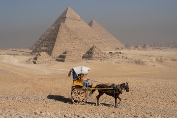 Calèche devant les pyramides de Gizeh en Egypte - obrazy, fototapety, plakaty