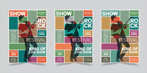 Retro Music Festival Flyer Design with a Colorful Grid Layout Featuring Bold Typography, Distressed Textures, Event Details, and Guitar Imagery for Concert Promotions and Branding