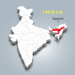 Assam state map location in Indian 3d isometric map. Assam map vector illustration