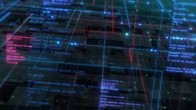 Abstract futuristic data network with programming code, concept of neural network, cloud computing, big data, digital data processing, ai (3d render)