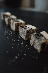 close up of a slice of cake