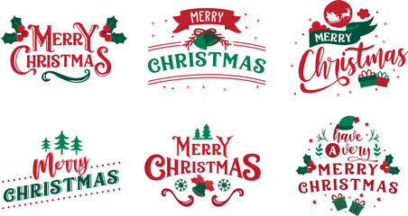 Merry Christmas. Happy New Year, 2023. Typography set. Vector logo, emblems, text design. Usable for banners, greeting cards, gifts etc.