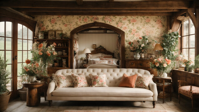 A cozy cottage living space with a white sofa set against floral wallpaper, exposed wooden beams, and a collection of vintage antiques, evoking a nostalgic countryside charm.