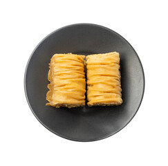 Rolled Baklava Isolated, Ramadan Dessert Roll on Restaurant Plate, Eastern Sweet Pastries