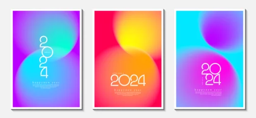 Fotobehang Cover design concept of Happy New Year 2024 graphic. Collection of modern colored geometric backgrounds with copy space. top view scene. Vector Illustrator EPS © NENGKUNG