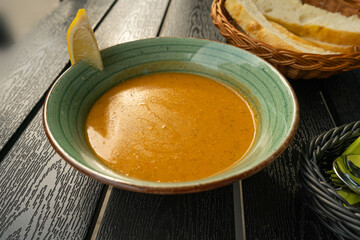 Red Lentil Soup, Yellow Cream Puree, Ramadan Food, Pumpkin Vegetarian Dish, Orange Lentil Soup in Bowl