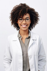 Confident African-American female doctor with curly hair and glasses smiling